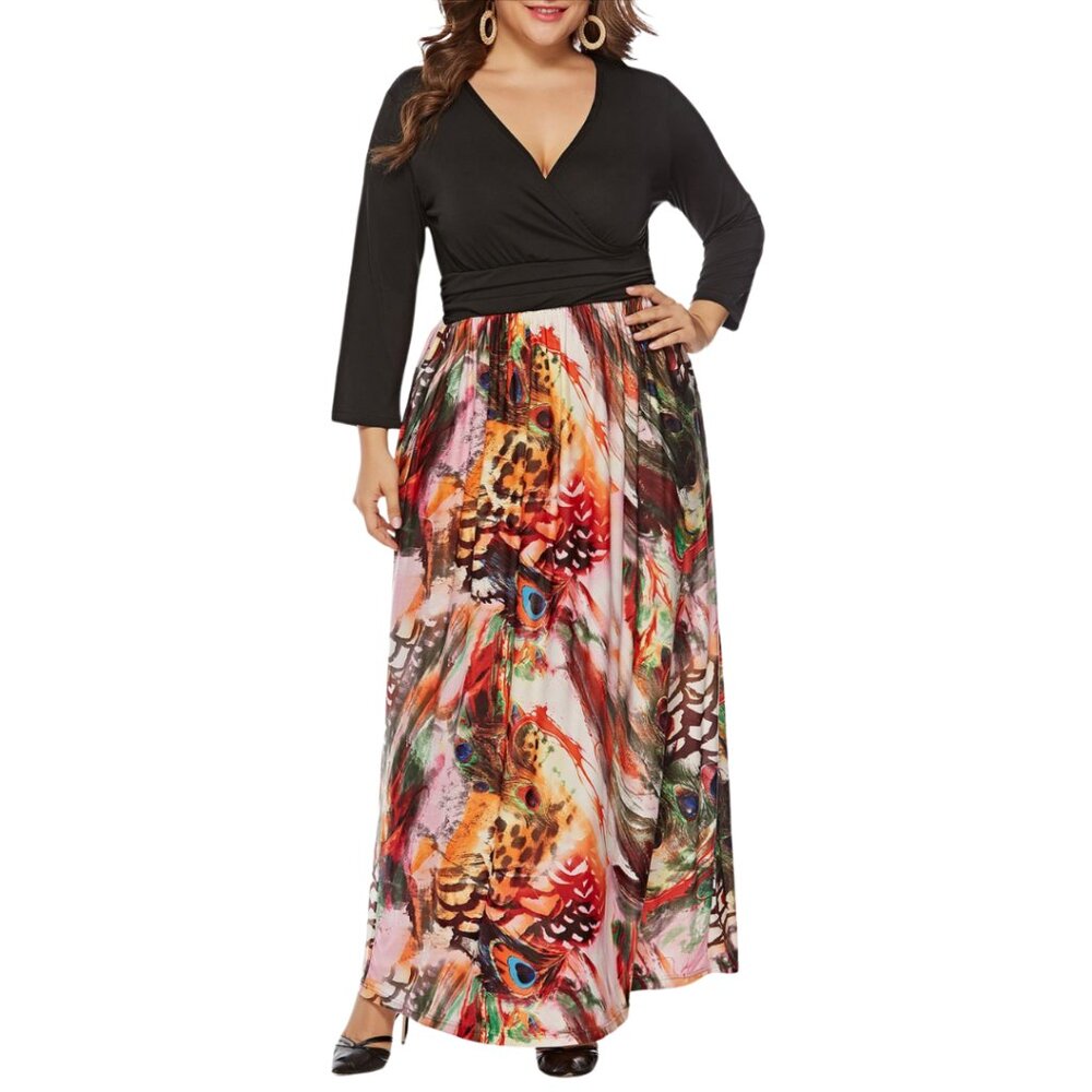 Kaimilan Majestic Peacock Sheath Dress NEW Surplice Neck Multicolor Maxi Size 16